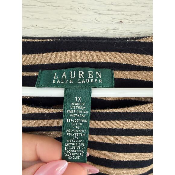 Lauren Ralph Lauren Black Gold Striped Top Size 1X Metallic Knit - Picture 3 of 6